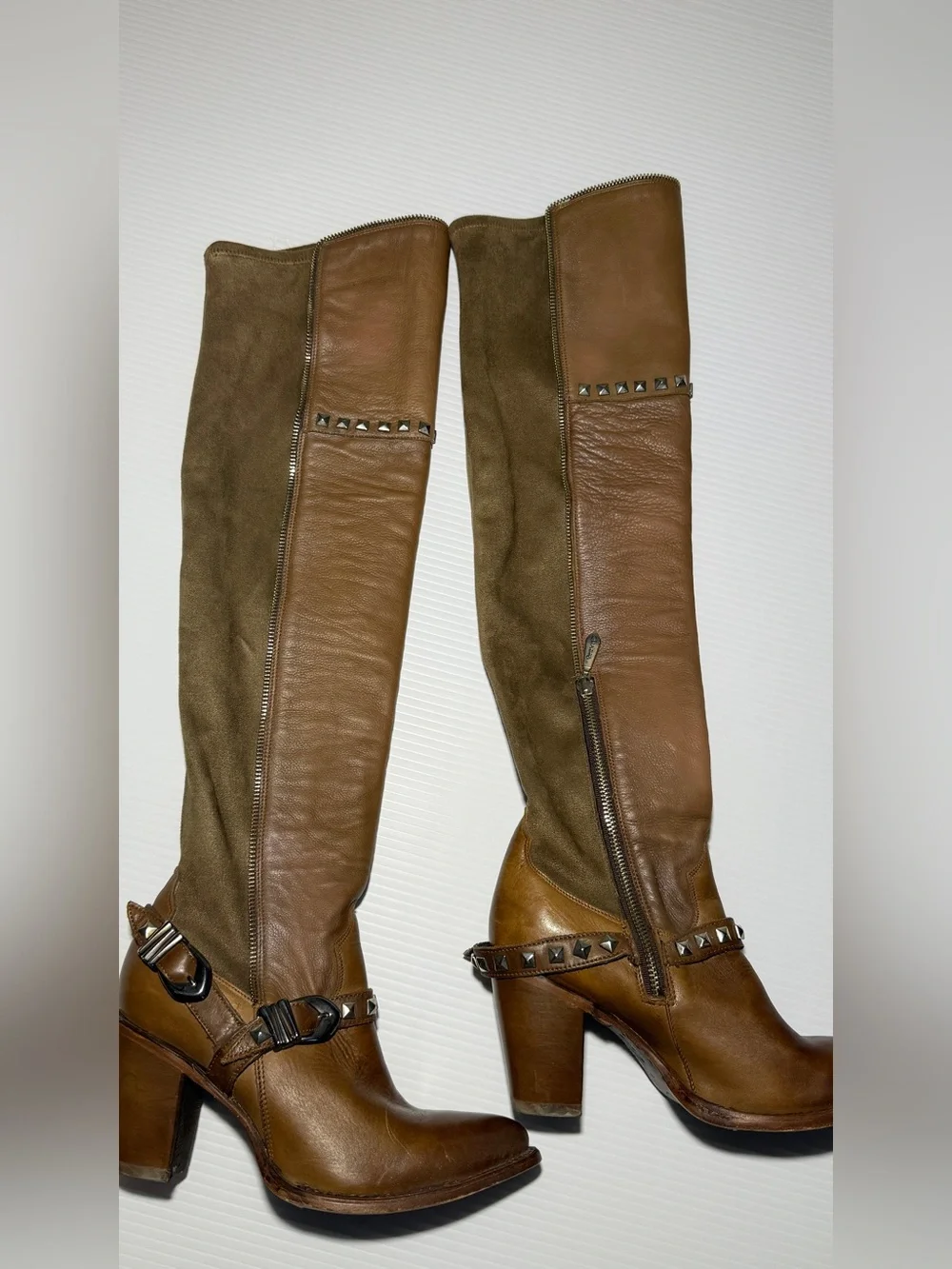 Tall Brown Leather & Suede Over-the-Knee Heeled Boots with Stud Accent